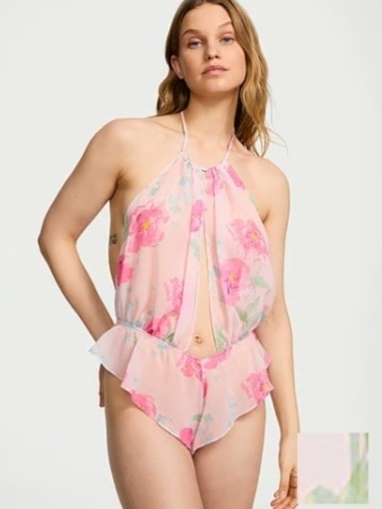 Victoria's Secret Other - Victoria's Secret Peany Shiffon Halter Teddy Soft Floral Size L